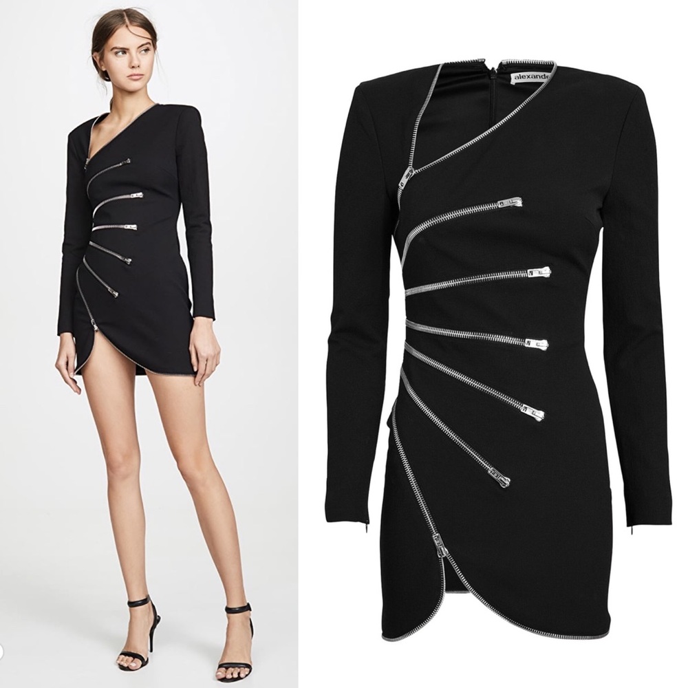 Alexander Wang Long Sleeve Crepe Sunburst Zip Dress in Black